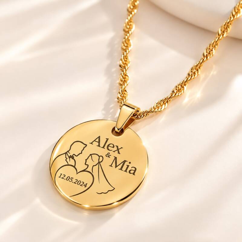 Hochzeitskette mit Namen und Datum, Braut und Bräutigam Motiv, Gold und Silber