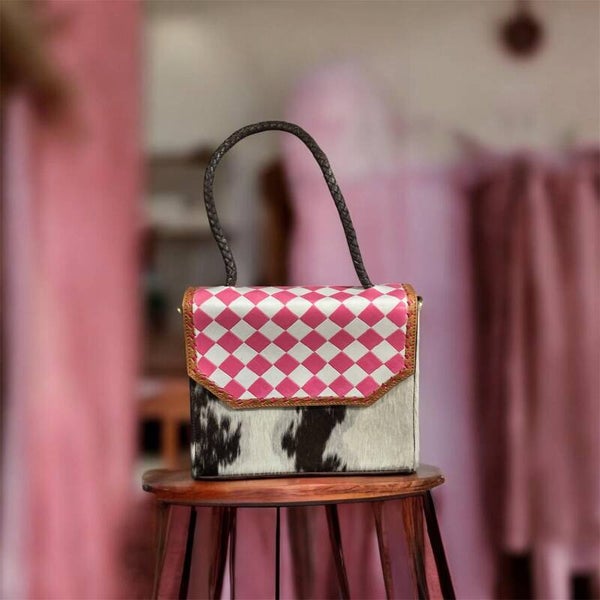 Pink and White Checkered Tote, with Black and White Cowhide