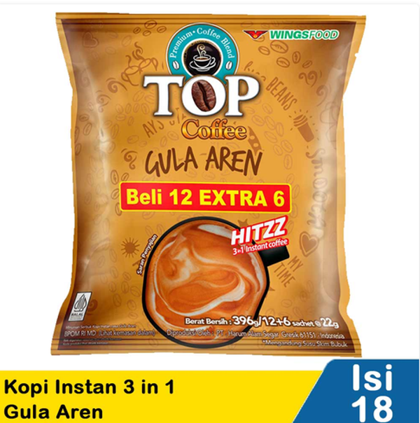 top coffee kopi instant 3 in 1 (12+6) gula aren 396g
