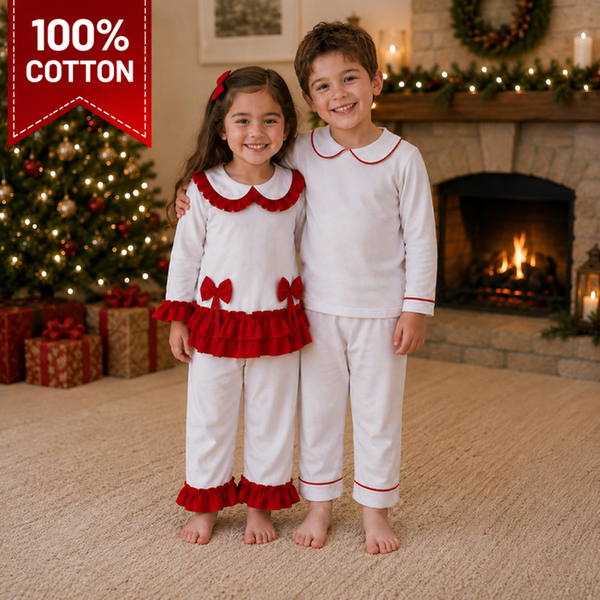 -Kids Red Frill Cotton Collar Pyjamas -LONG (PRE-ORDER)