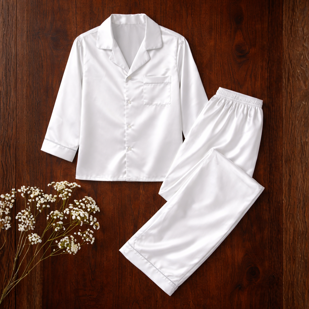 -Premium Satin Long Pyjamas- White with White Piping