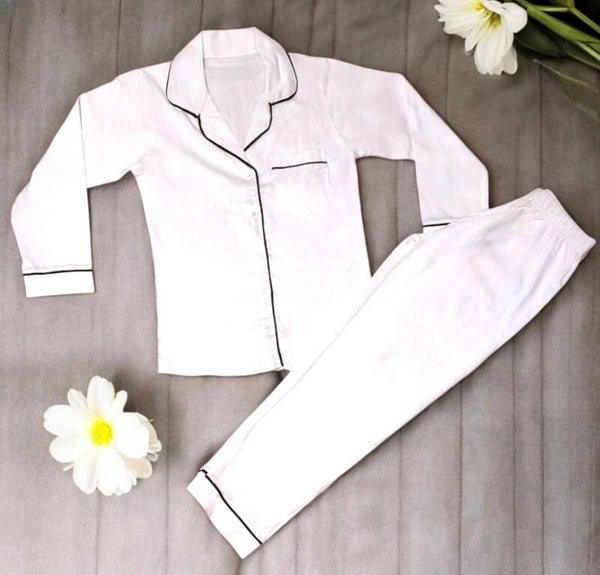 -White Cotton Collar Pyjamas -LONG