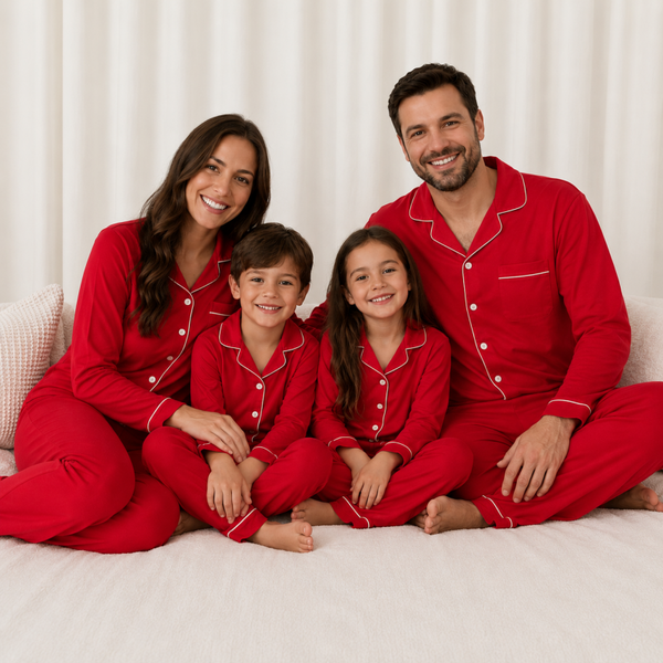 -Red Cotton Collar Pyjamas -LONG