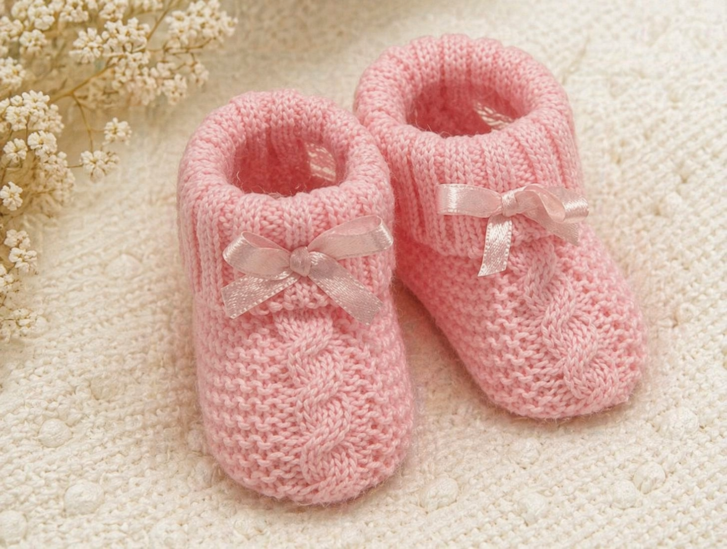 -Knitted Baby Bootees With Bow - Pink 0-3 Months