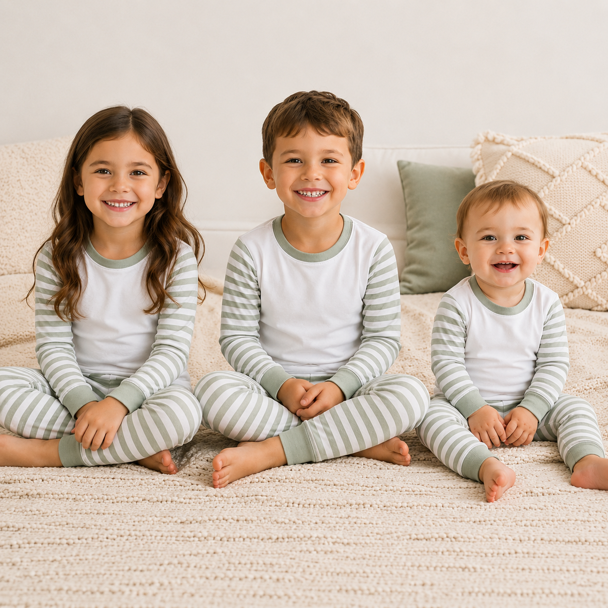 -Kids Sage Green Stripes Pyjamas -LONG