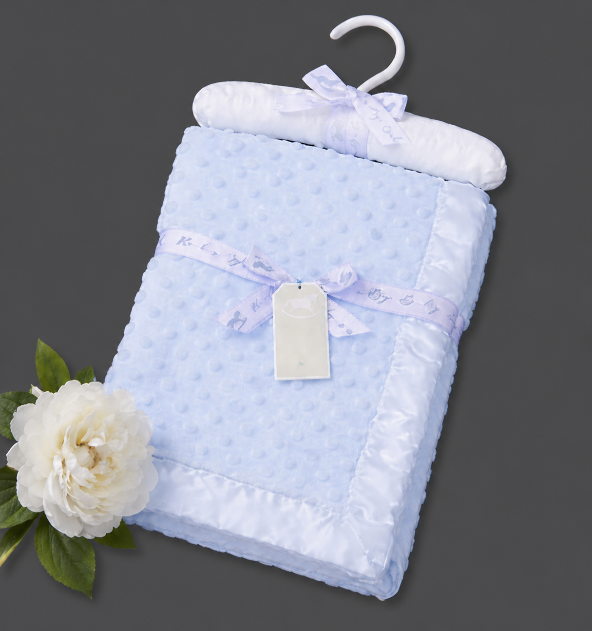 -Dimple Baby Blanket- With Satin Trim -on a satin padded hanger-Blue
