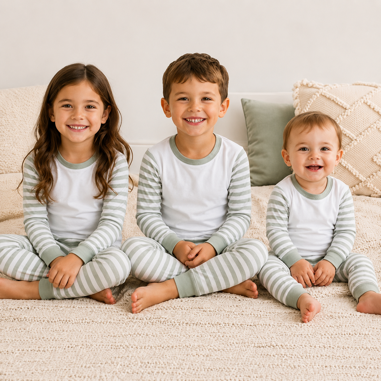 -Kids Sage Green Stripes Pyjamas -LONG