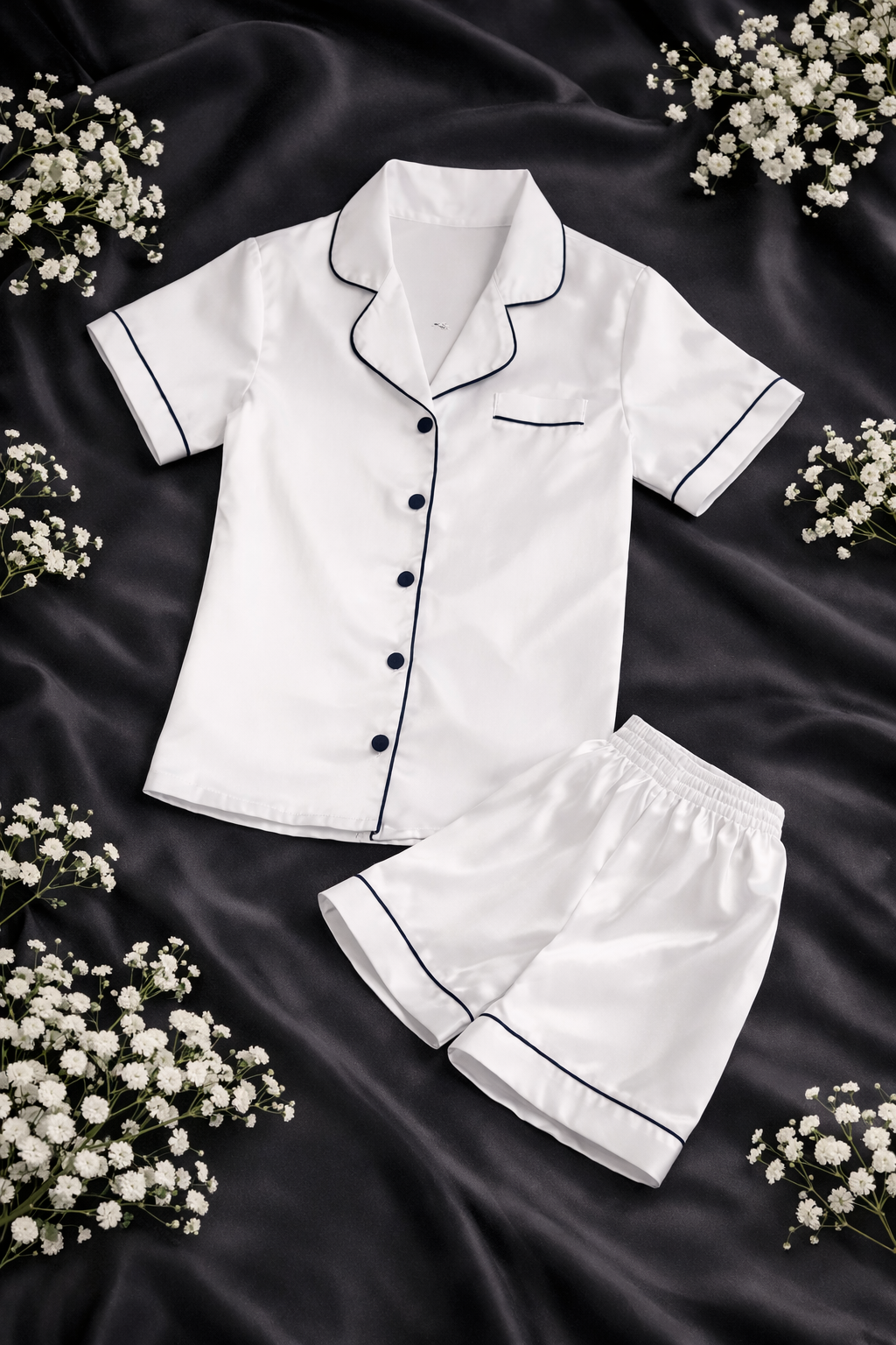 -White Satin Short Pyjamas- with Black Piping