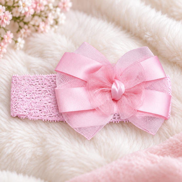 -Baby Girls Lace Headband with Bow & Flower - Pink