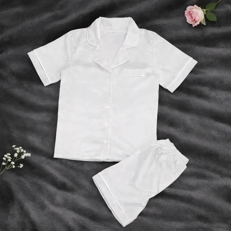 -Satin Short Pyjamas- White with White Piping