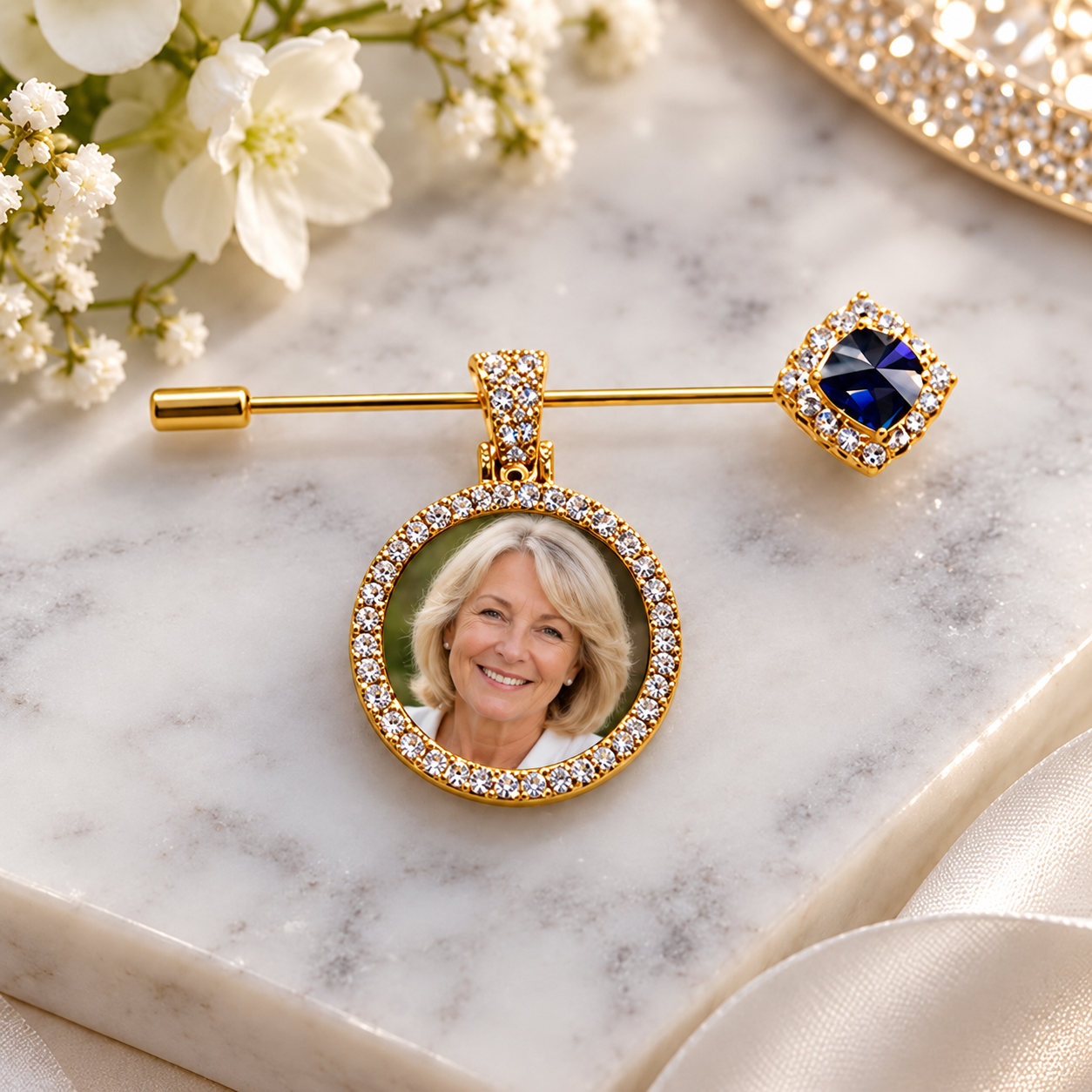 -Sublimation Bouquet Pin with Blue Gem-Gold