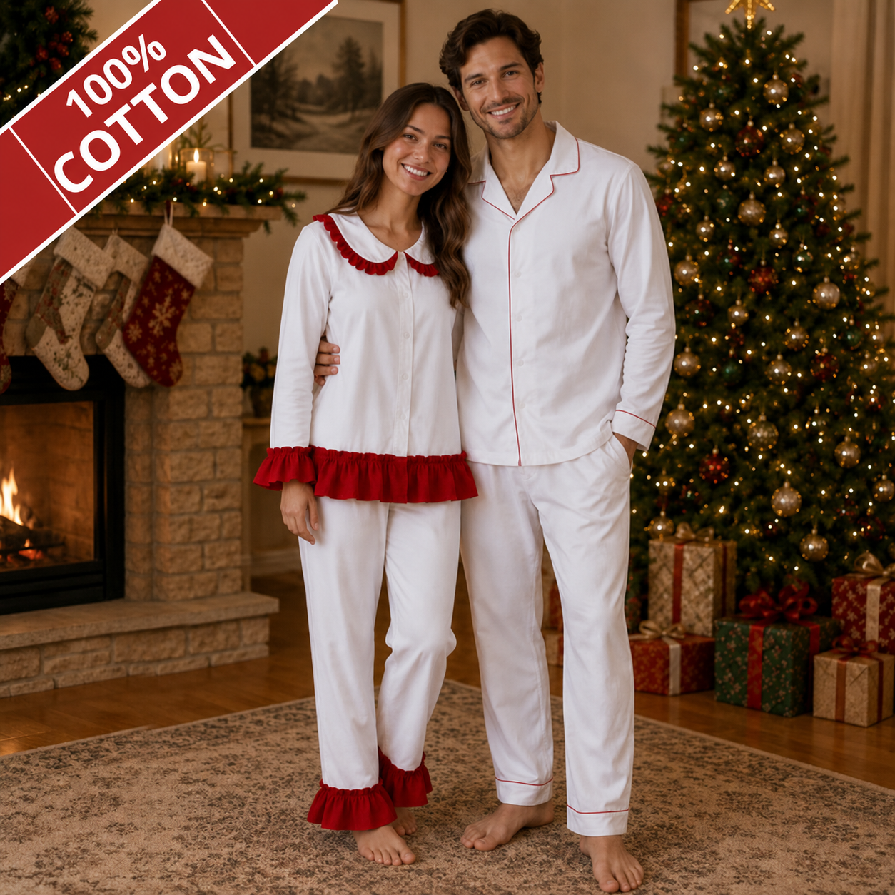 -Adults Red Frill Cotton Collar Pyjamas -LONG (PRE-ORDER)