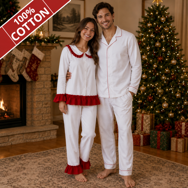 -Adults Red Frill Cotton Collar Pyjamas -LONG (PRE-ORDER)