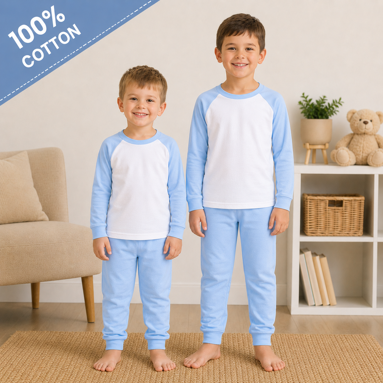 -Kids 100% Cotton Long Pyjamas- Baby Blue