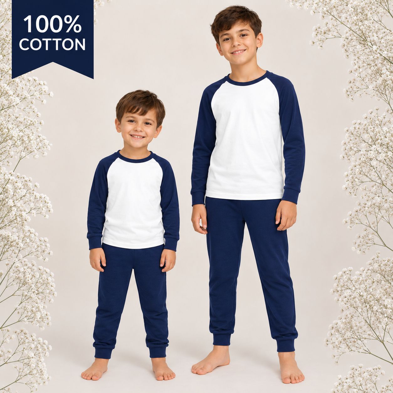 -100% Cotton Long Pyjamas- Navy