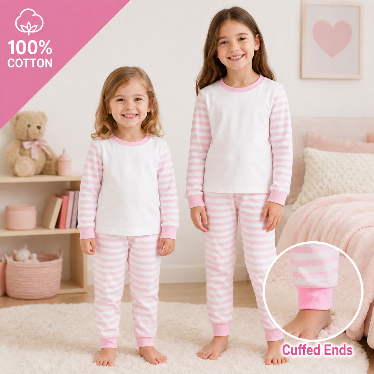 -Kids 100% Cotton Short Pyjamas-  Pink Stripes -IN STOCK 14TH JULY