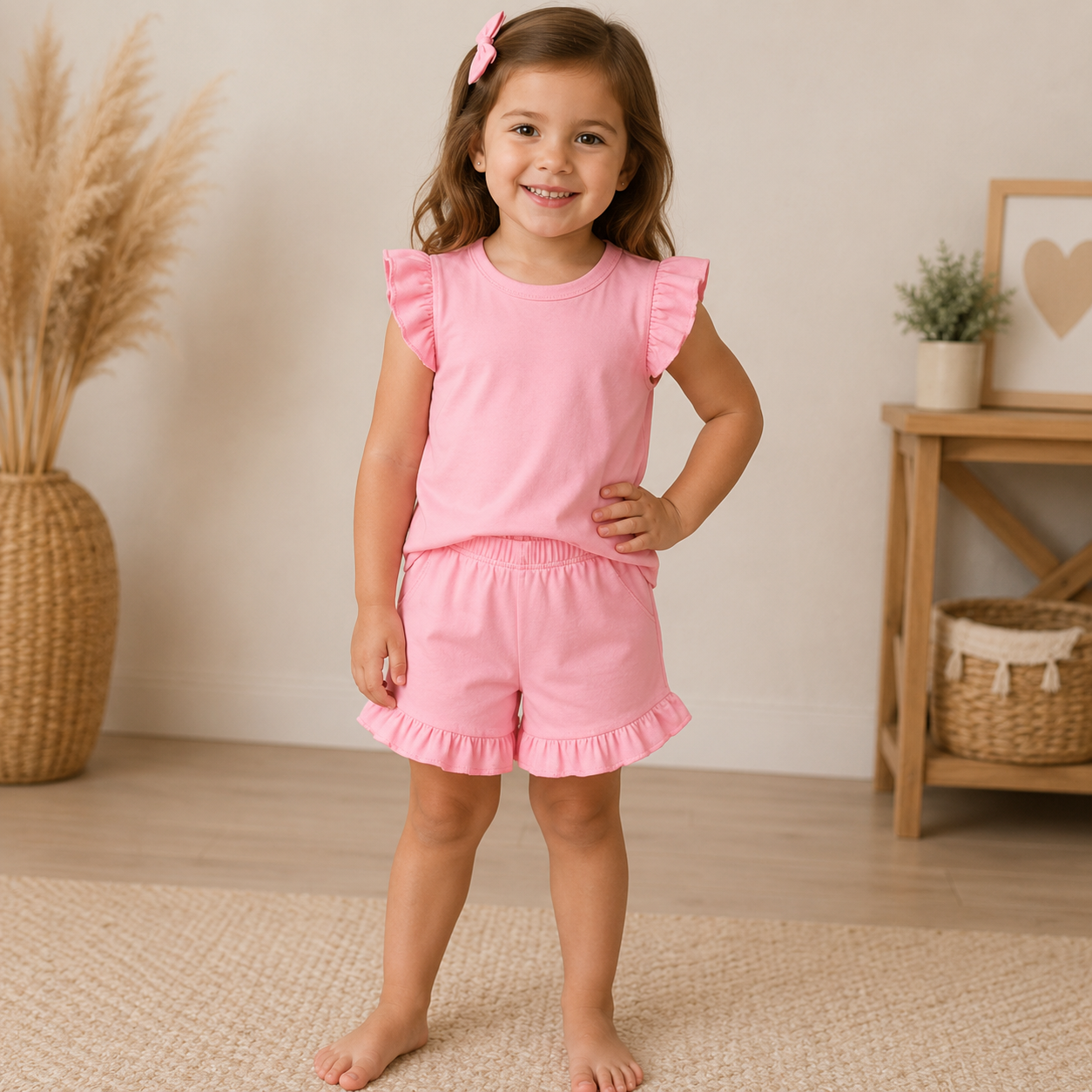 -Kids Pink Frill Cotton SHORTS Set