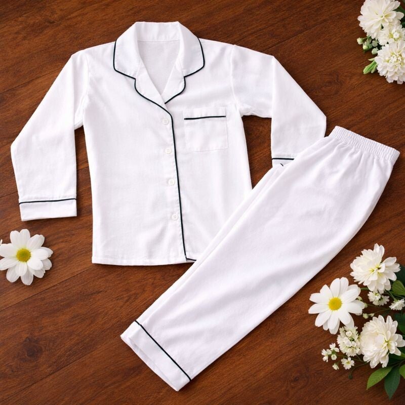 -White Cotton Collar Pyjamas -LONG