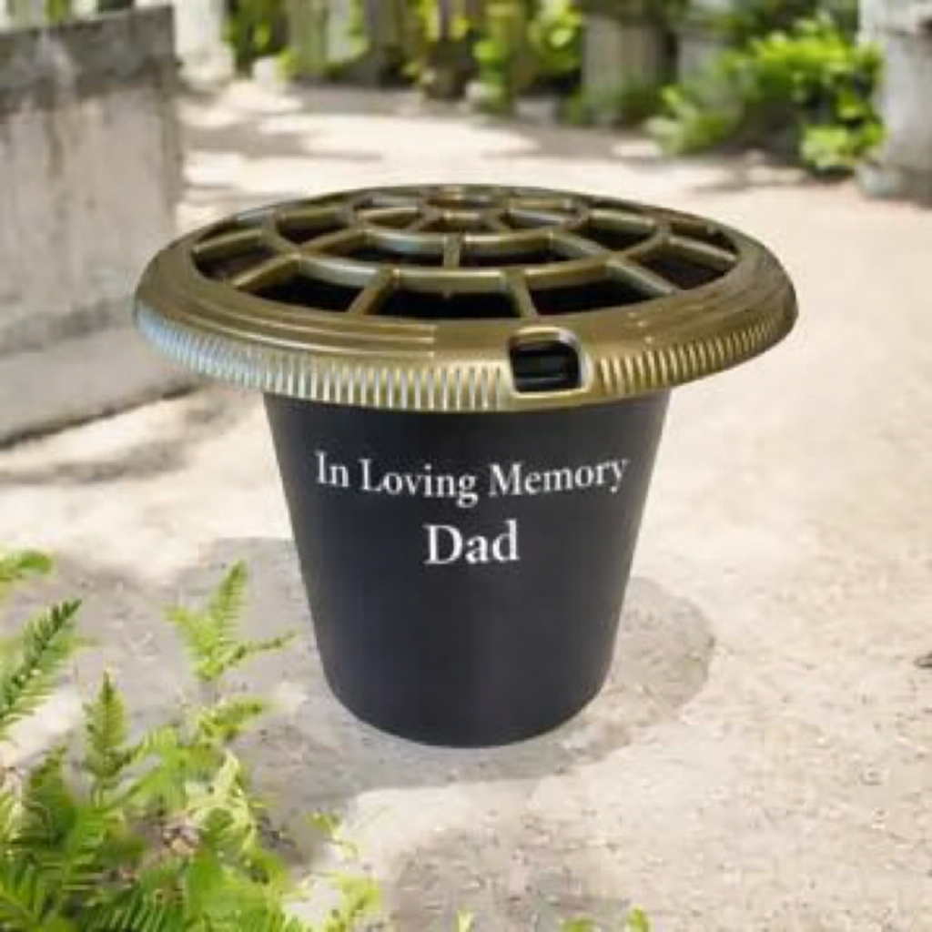 -Memorial Flower Grave Vase -Plastic Inserts- Black/Gold