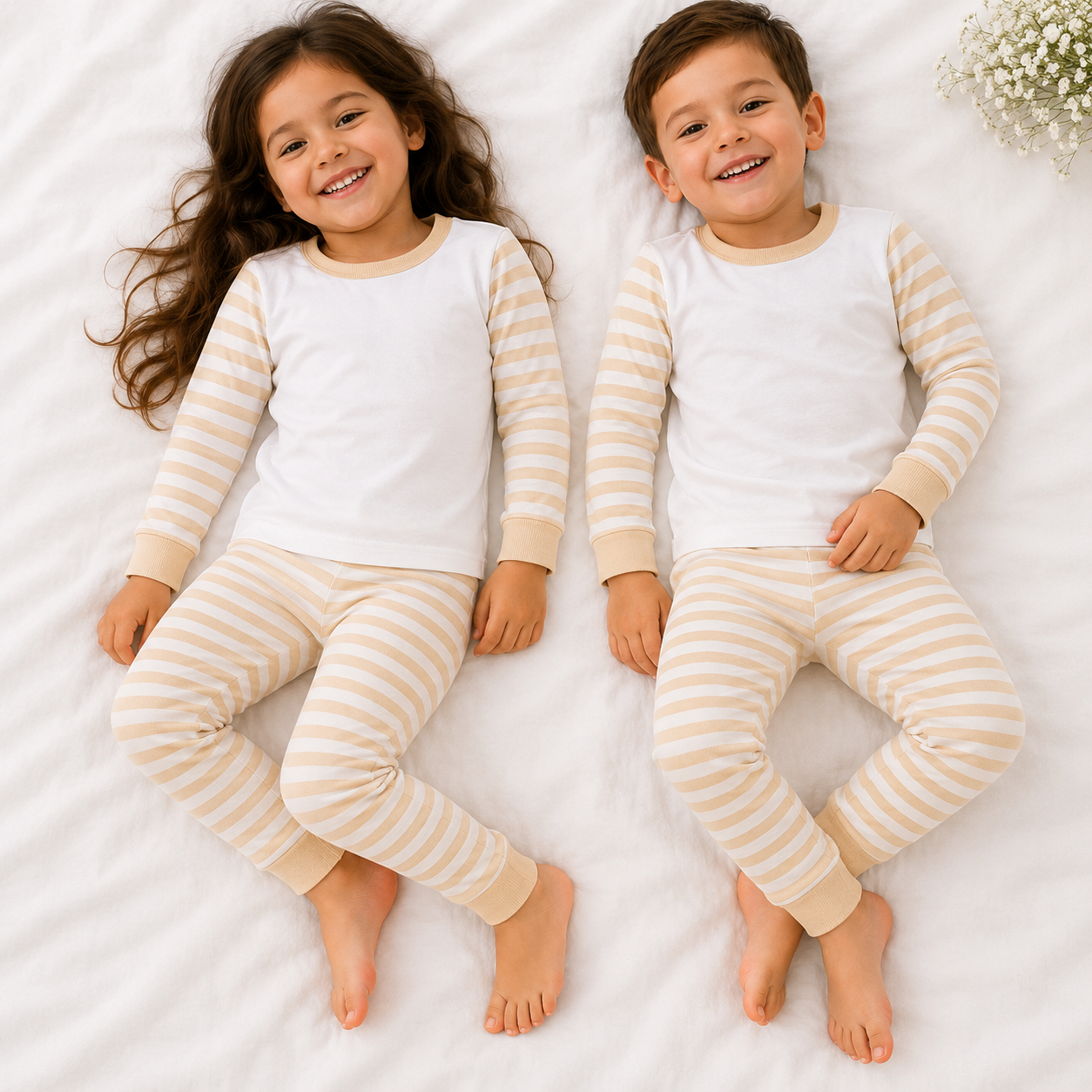 -Kids Light Beige Stripes Pyjamas -LONG