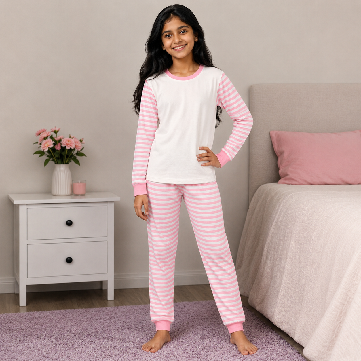 -Kids Pink Stripes Pyjamas -LONG
