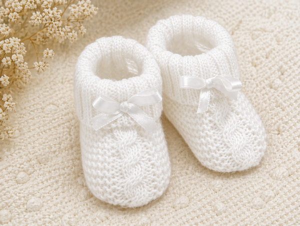 -Knitted Baby Bootees With Bow - White 0-3 Months