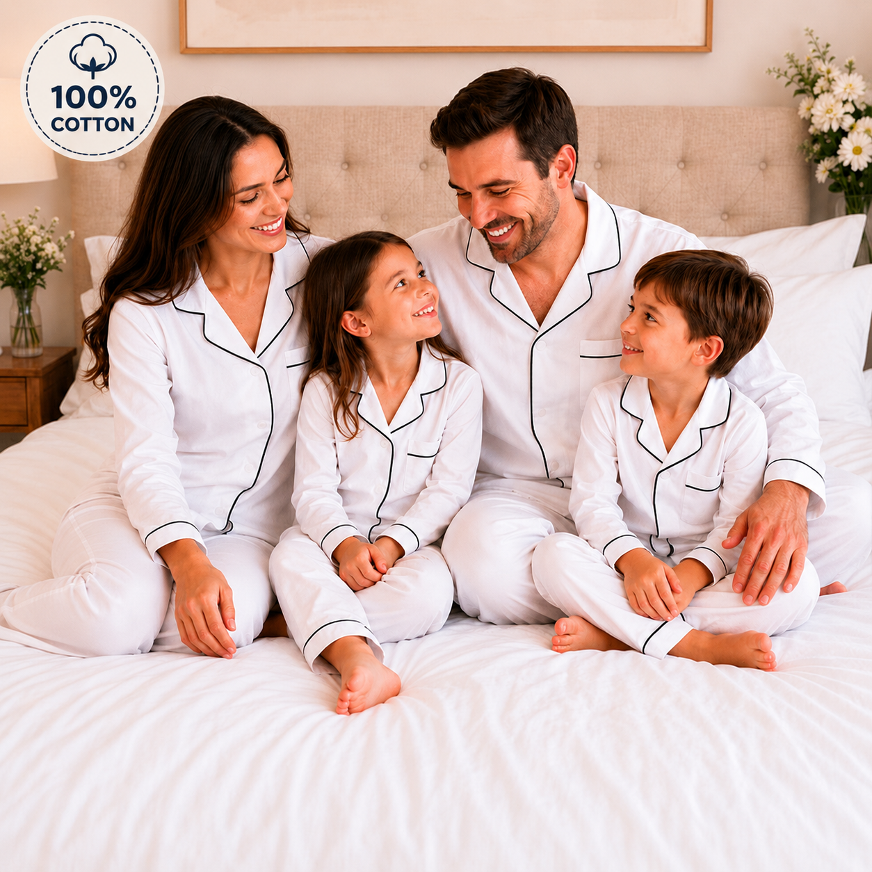 -White Cotton Collar Pyjamas -LONG
