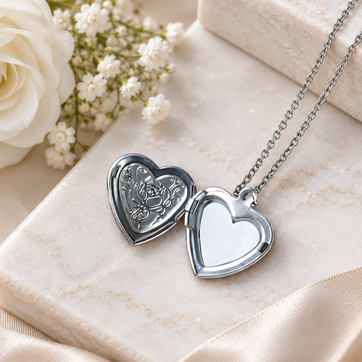 - Sublimation Heart Locket with Rose Detail -Silver
