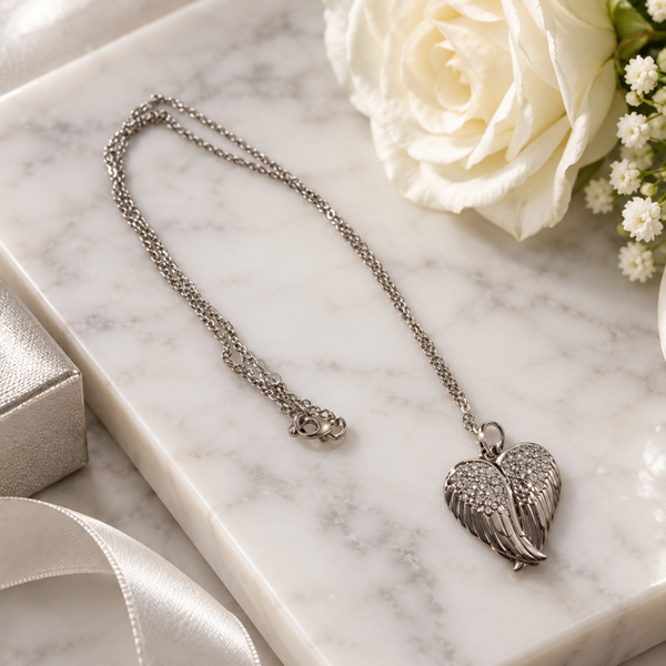 -Sublimation Diamante Angel Wings Locket - Silver