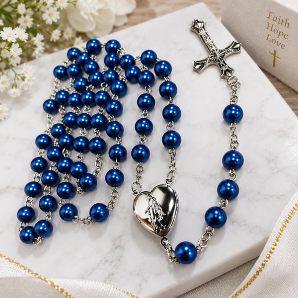 Sublimation Heart Locket Rosary Beads-Blue