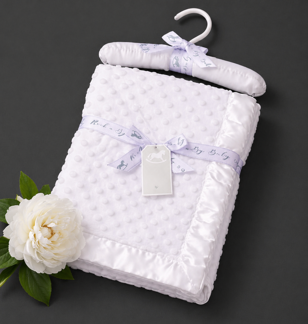 -Dimple Baby Blanket- With Satin Trim -on a satin padded hanger -White