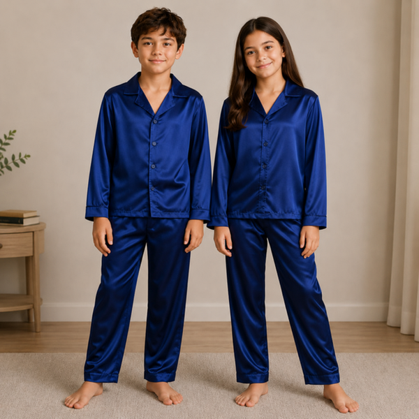 -Premium Navy Satin Long Pyjamas