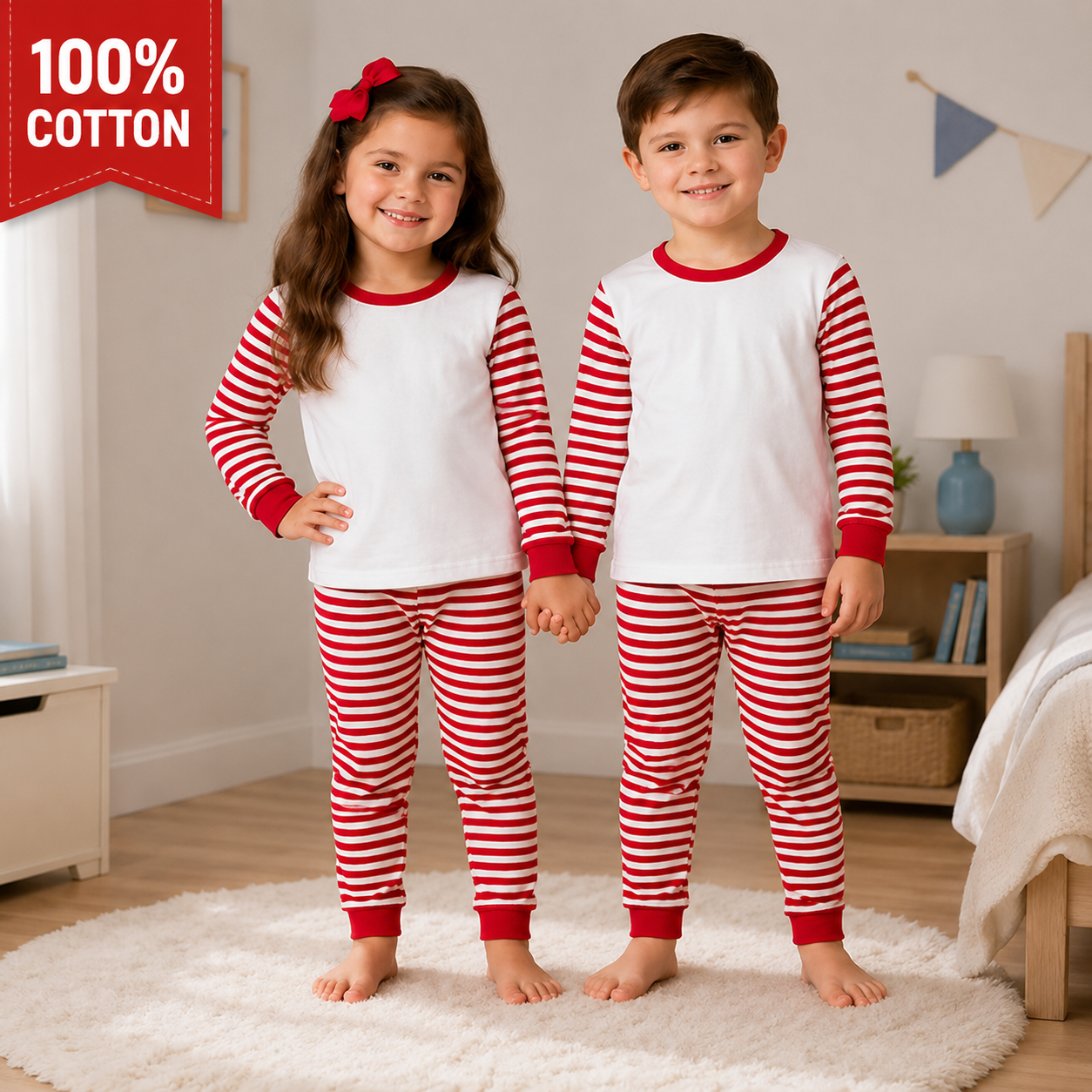 -Cotton Kids Red Stripes Pyjamas -LONG