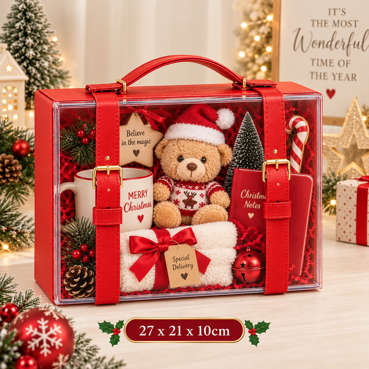 -Christmas Acrylic & Leather Gift Box – 27 × 21 × 10cm -Red (Pre-Order)