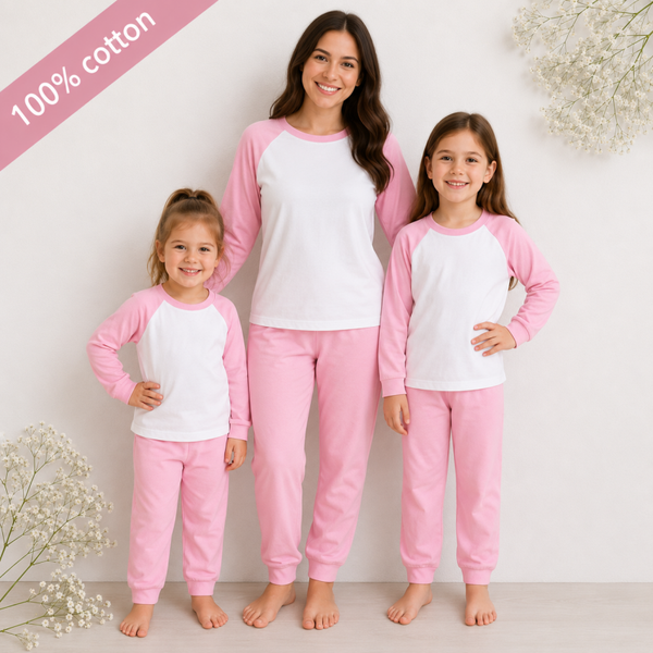 -100% Cotton Long Pyjamas- Baby Pink -KIDS & ADULTS
