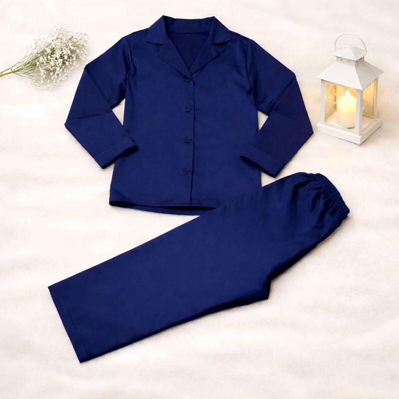 -Navy Satin Long Pyjamas