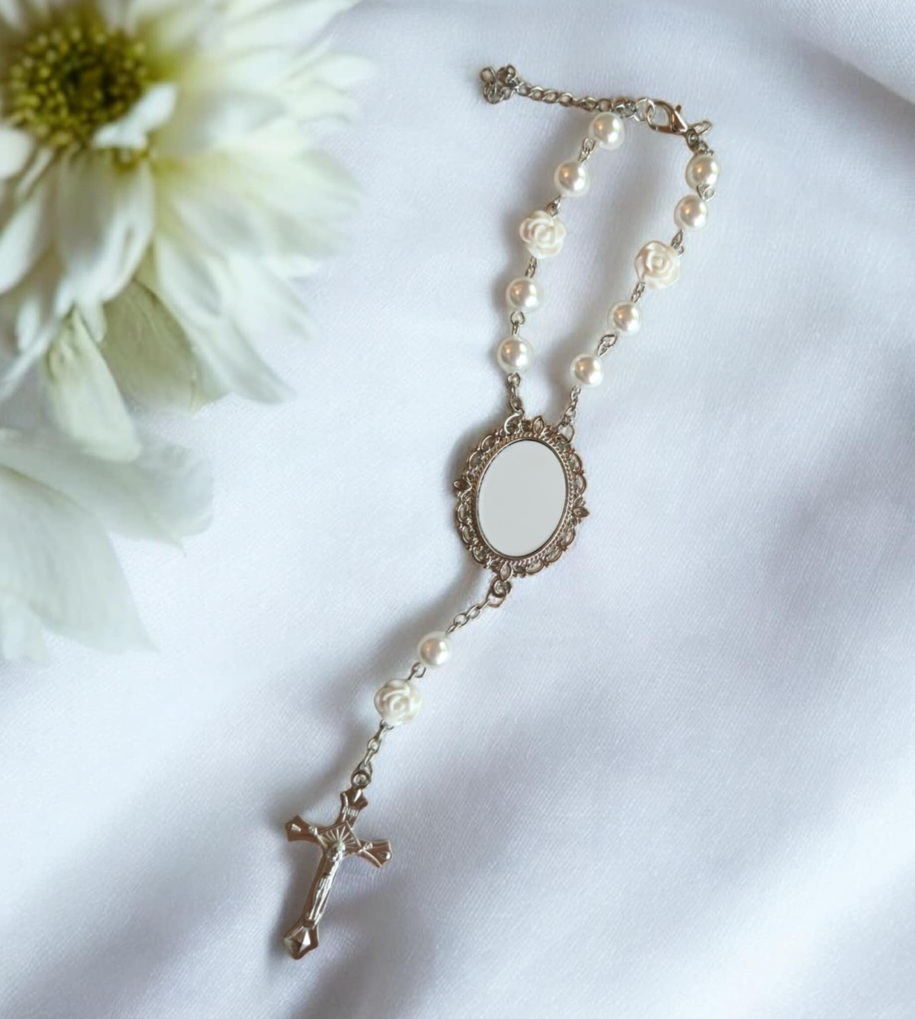 -Sublimation Rosary Bracelet with Rose Detail