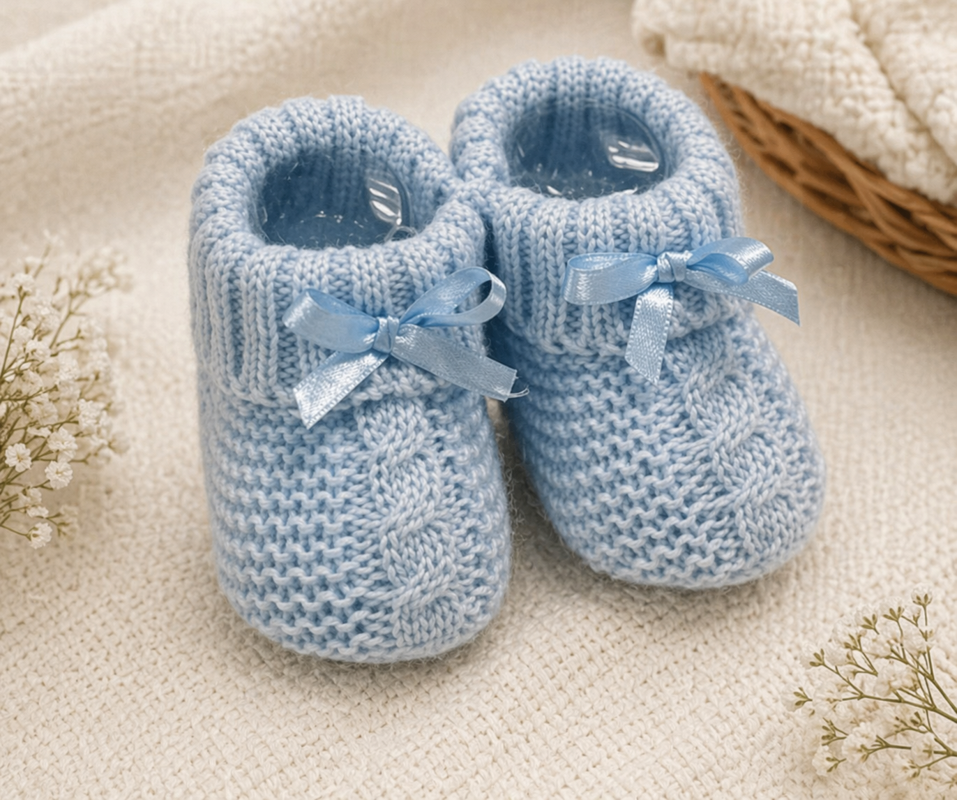 -Knitted Baby Bootees With Bow - Blue 0-3 Months