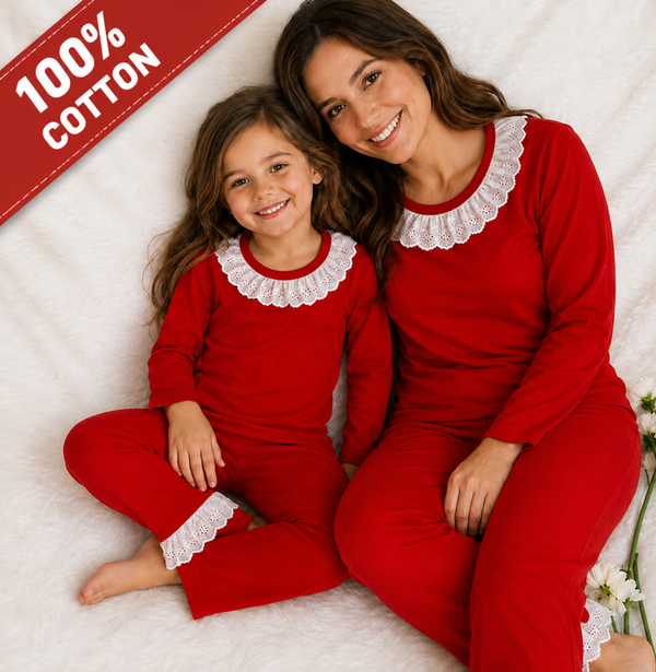 -Red Frill Cotton Pyjamas- LONG -KIDS & ADULTS