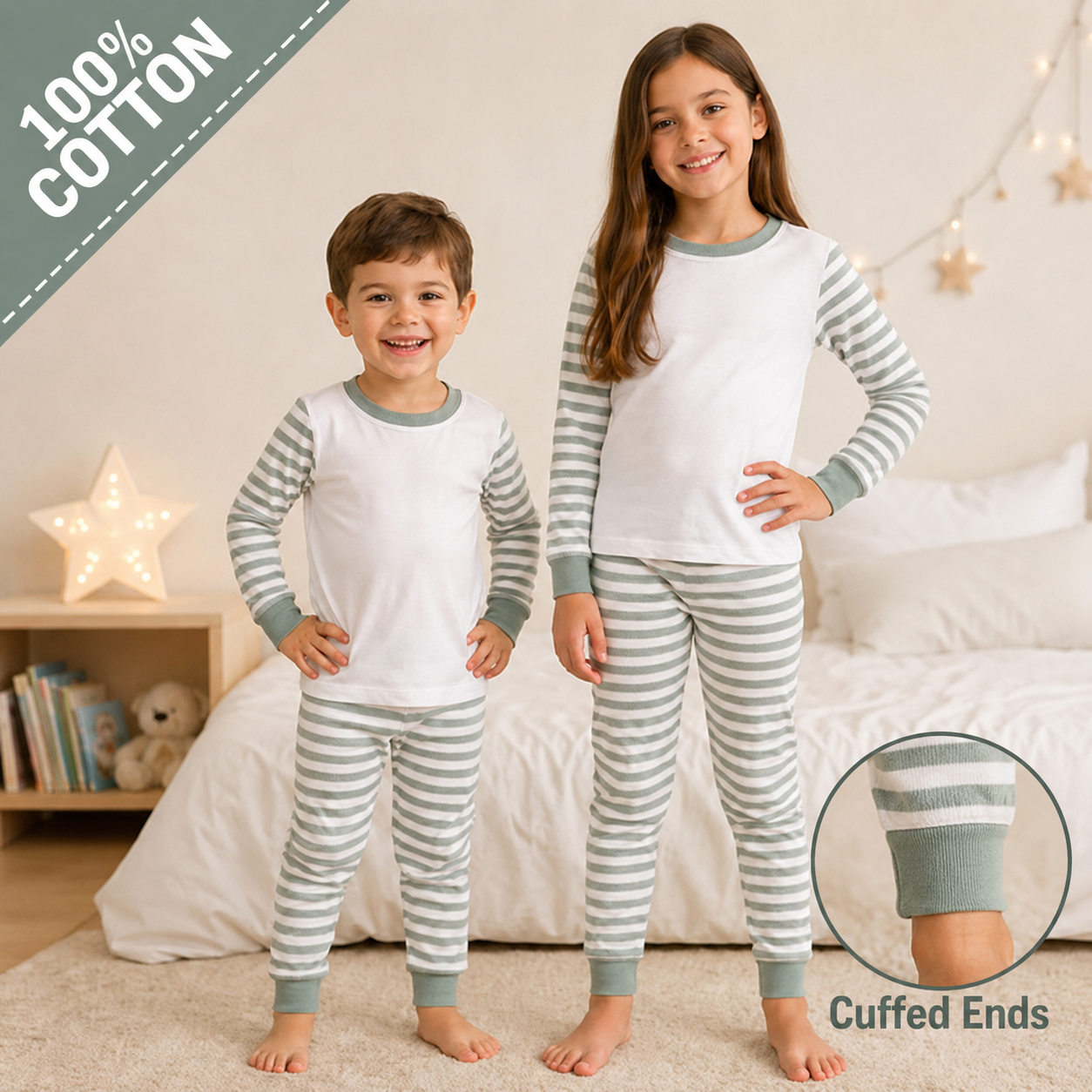 -Kids 100% Cotton Short Pyjamas-  Sage Green Stripes -IN STOCK 14TH JULY