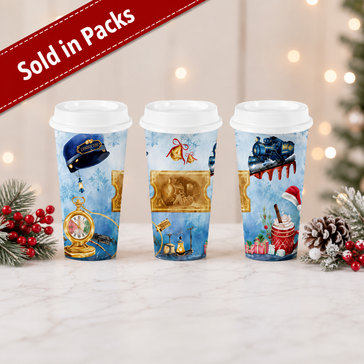 -Blue Christmas Express Christmas Hot Cup -5 Pack