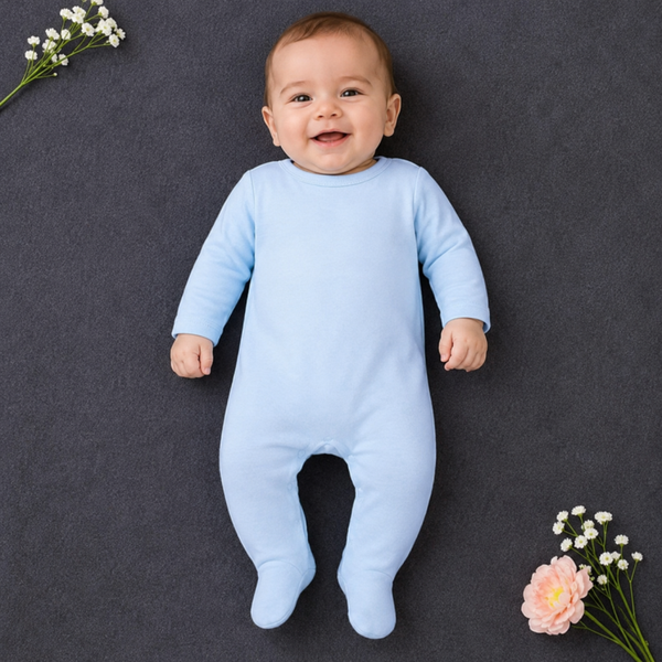 -Plain Chest Sleepsuit- Baby Blue Cotton