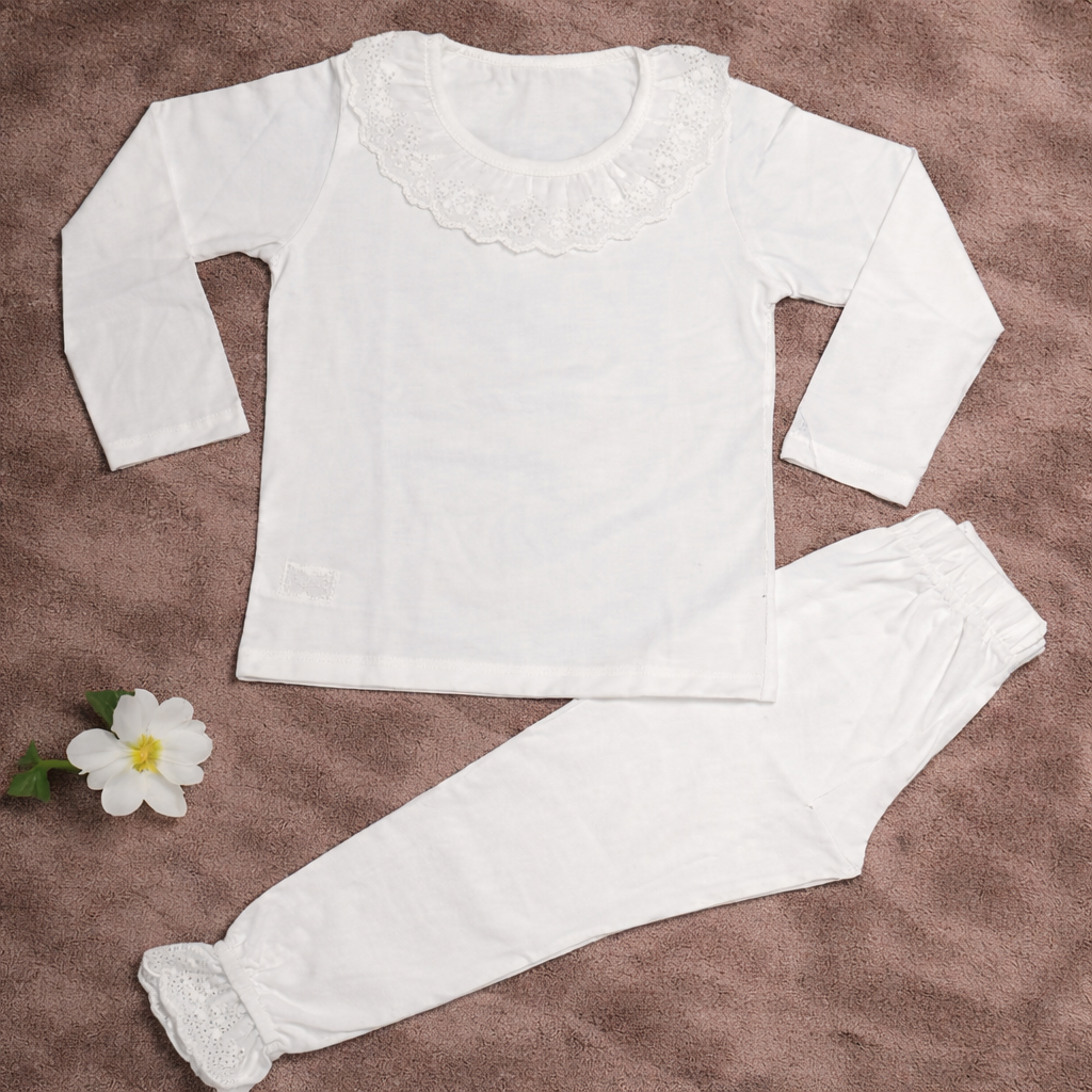 -Kids White Frill 100% Cotton Pyjamas
