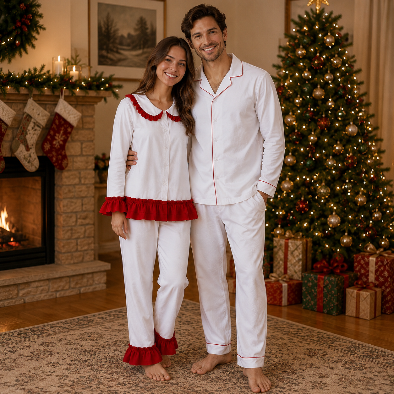 -Adults Red Frill Cotton Collar Pyjamas -LONG (PRE-ORDER)