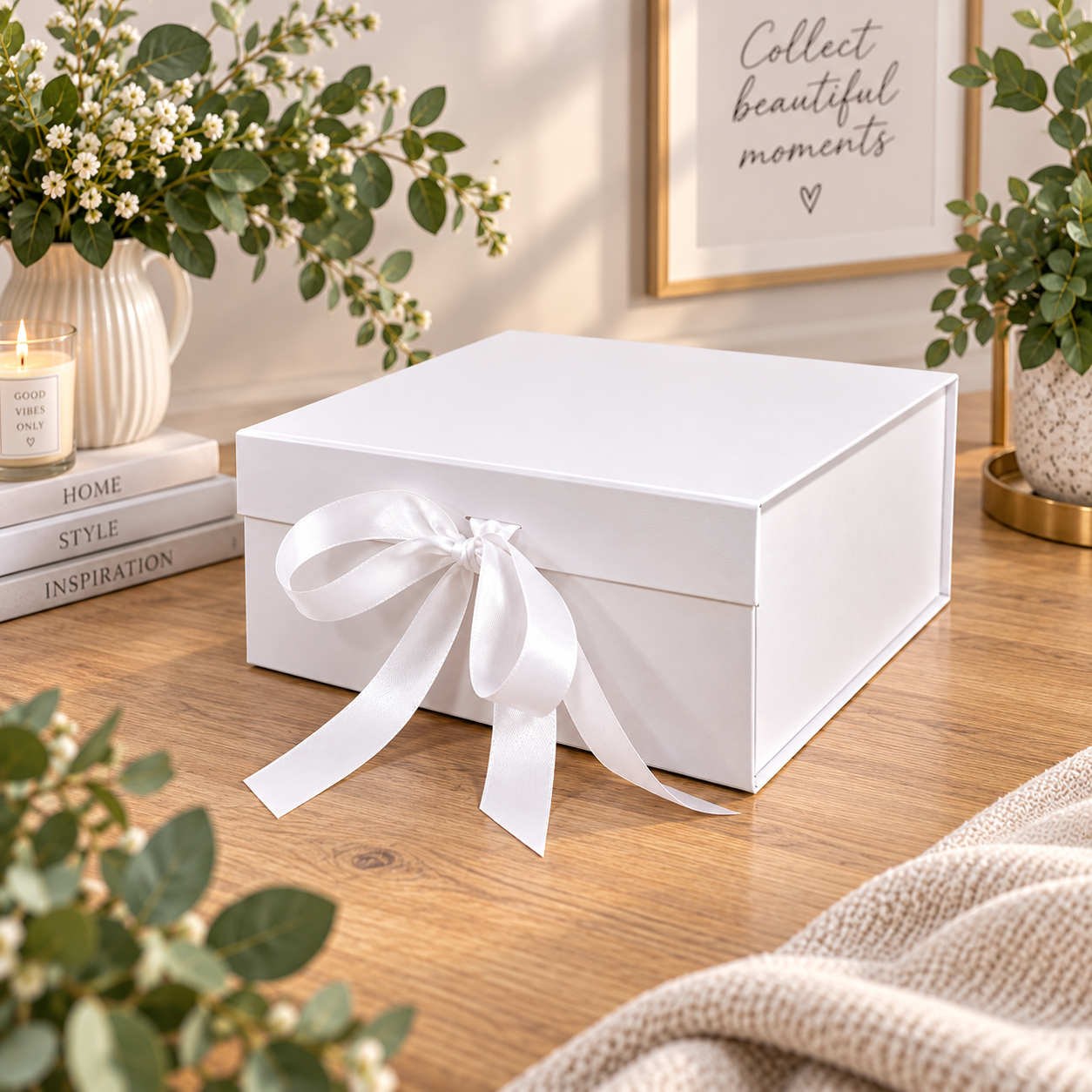 -Magnetic Close Gift Box with bow - White -28 x 28 x 11 cm