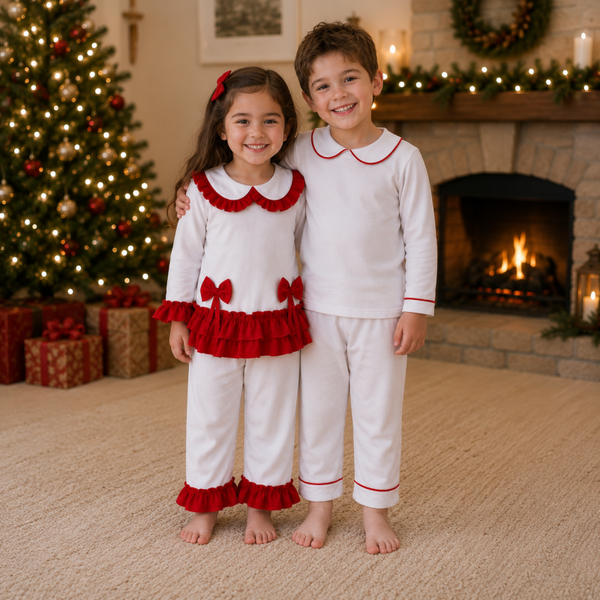 -Kids Red Frill Cotton Collar Pyjamas -LONG (PRE-ORDER)
