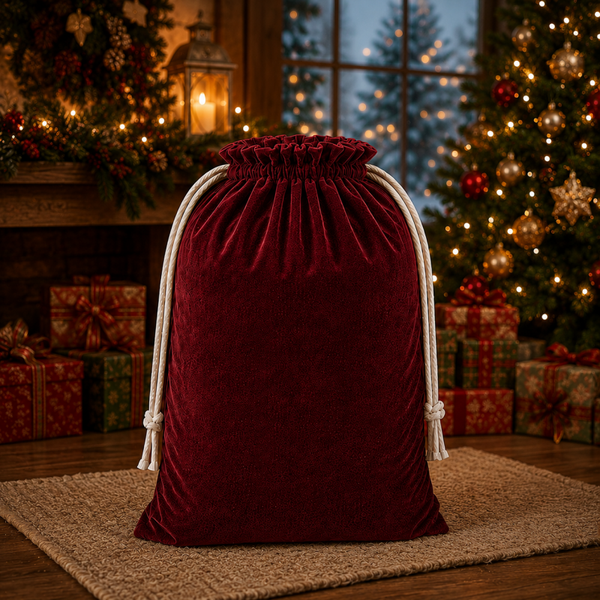 -SWB Velvet & Satin Christmas Sack 75*45cm -BURGUNDY & GOLD (Pre-Order)