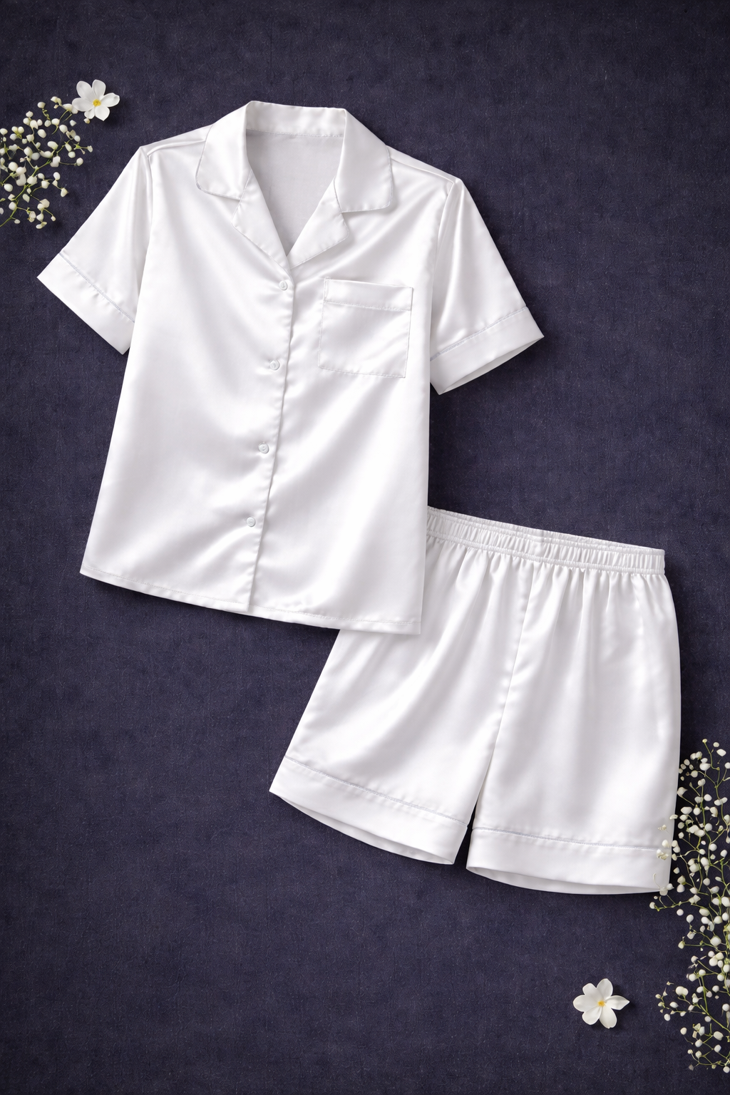 -Premium Satin Short Pyjamas- White with White Piping