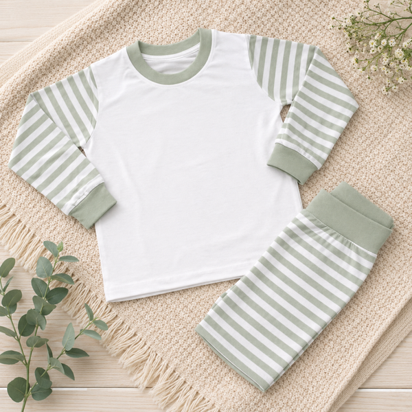 -Kids Sage Green Stripes Pyjamas -LONG