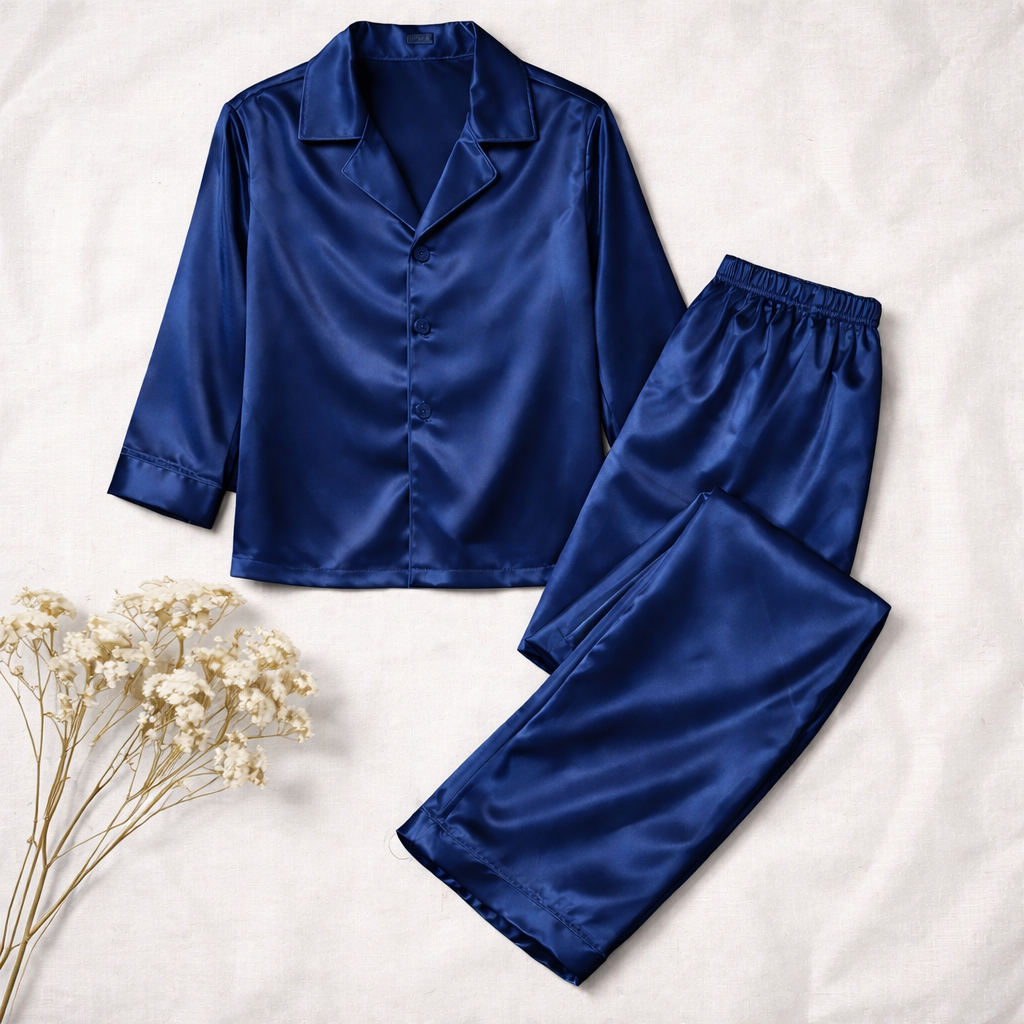 -Premium Navy Satin Long Pyjamas